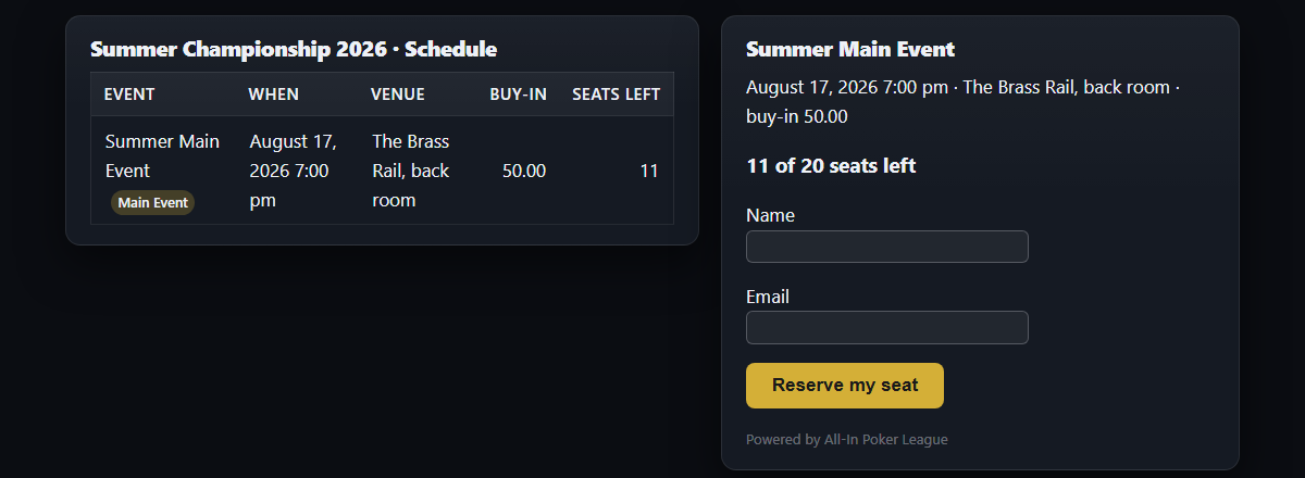 The public schedule and signup form with live seats-left